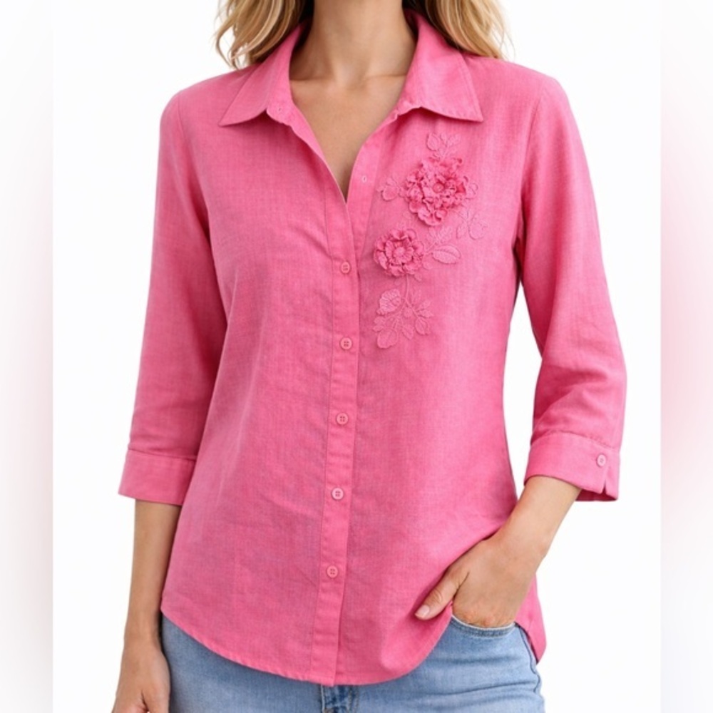 Fred David Petite Pink Linen Button Front 3/4 Sleeve Floral Embroidered Blouse